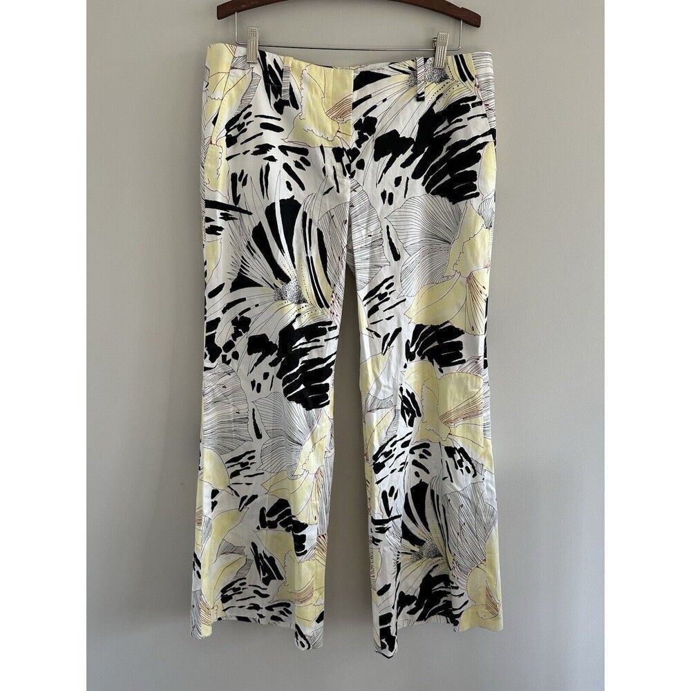 Elie Tahari Pants Women's Size 14 White Black Yellow Floral Wide Leg Office